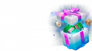 Изображение светящейся подарочной коробки, из которой вылетают деньги и монеты, рекламирующее бонус на день рождения от Legzo в ярких цветах и праздничной атмосфере.